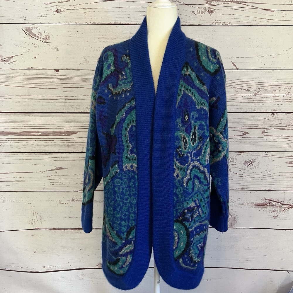 vintage Jaeger‎ cardigan Womens blue green paisley-like pattern Mohair Blend